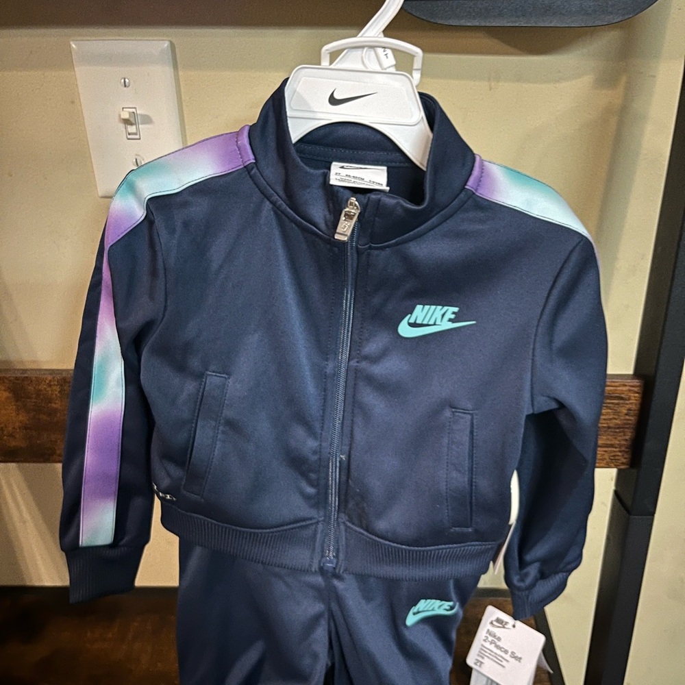 Nike Kids' Navy Track Suit with Purple and Teal Accents
